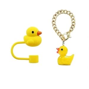 Yellow Duck Silicone 10mm / 0.4 in Straw Topper Cap Accessory with Charm Chain